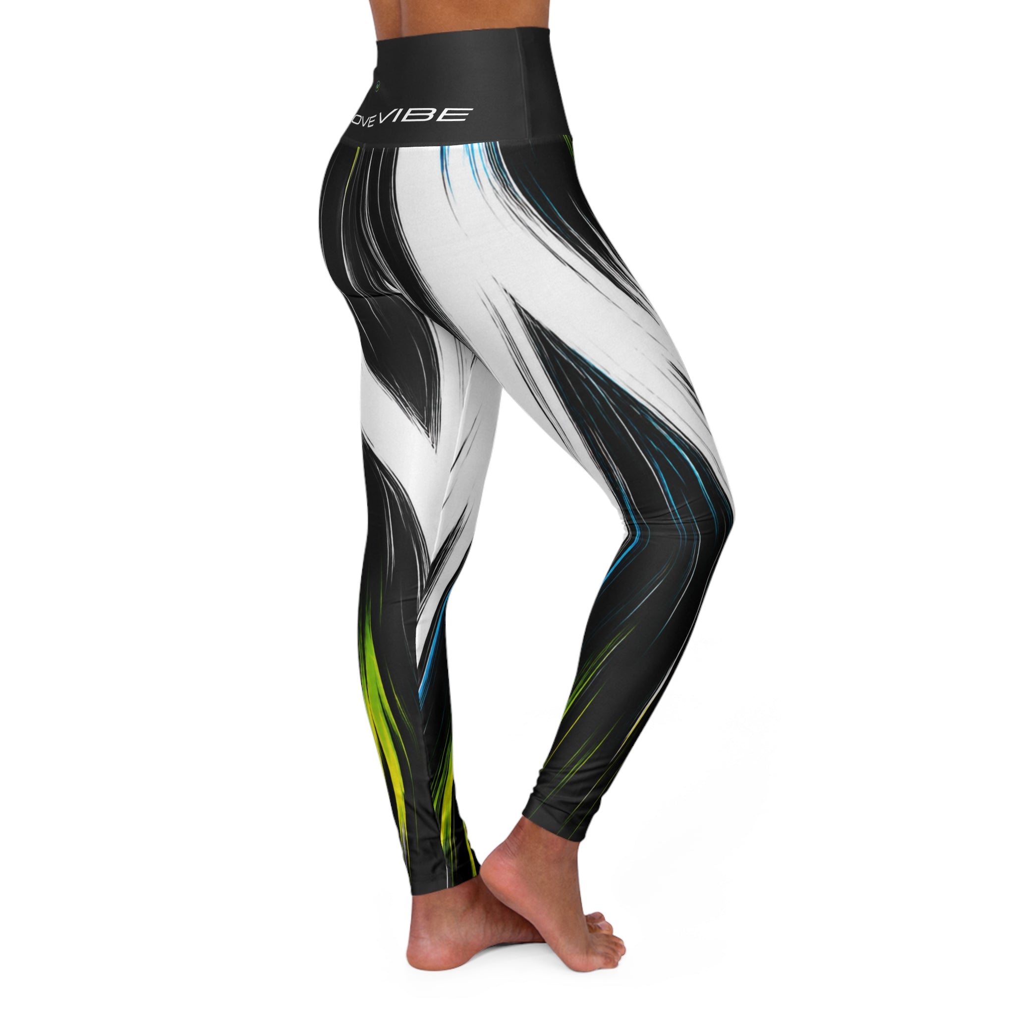 High-Waist Yoga Leggings — Abstract Black & White Brushstroke with Neon Accents