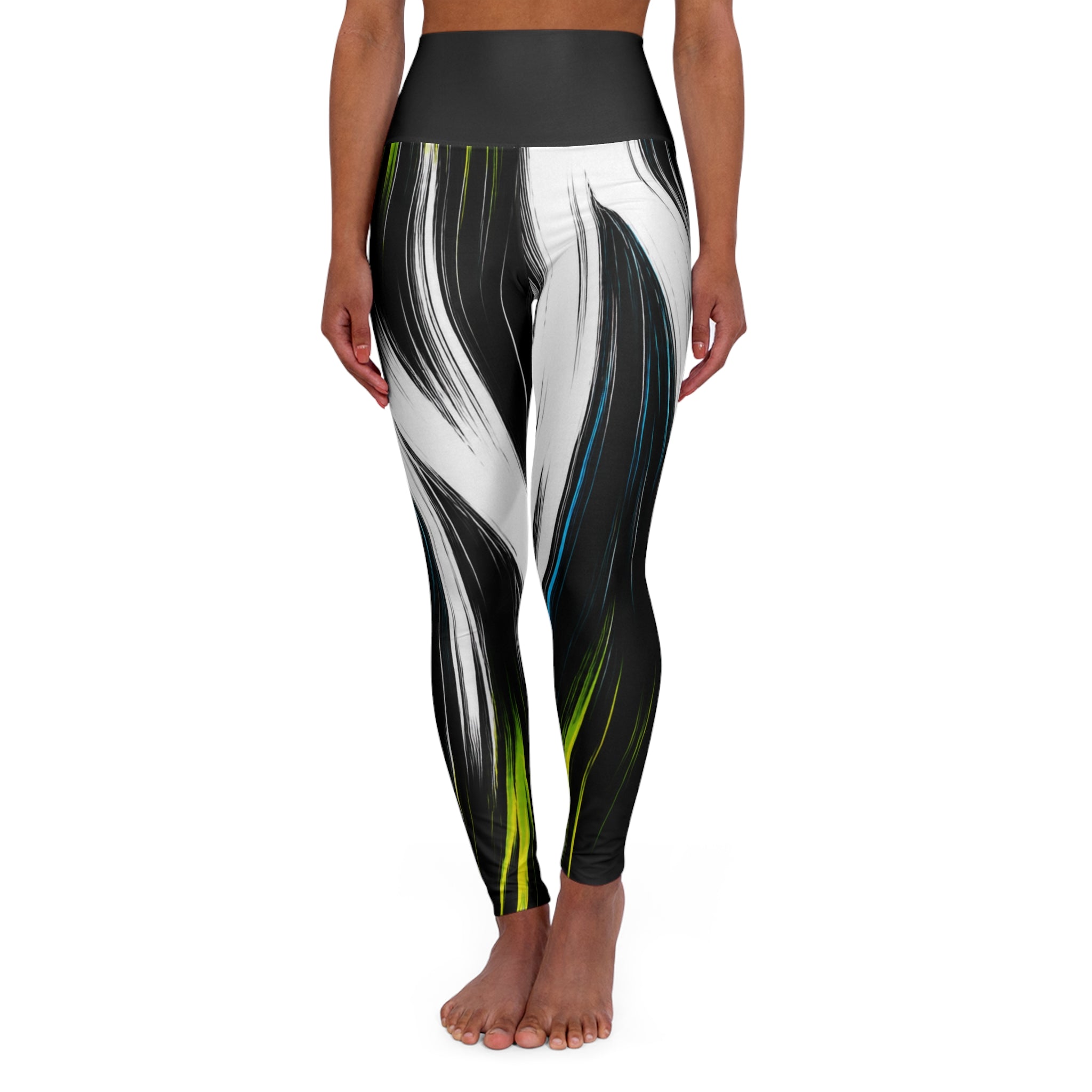 High-Waist Yoga Leggings — Abstract Black & White Brushstroke with Neon Accents