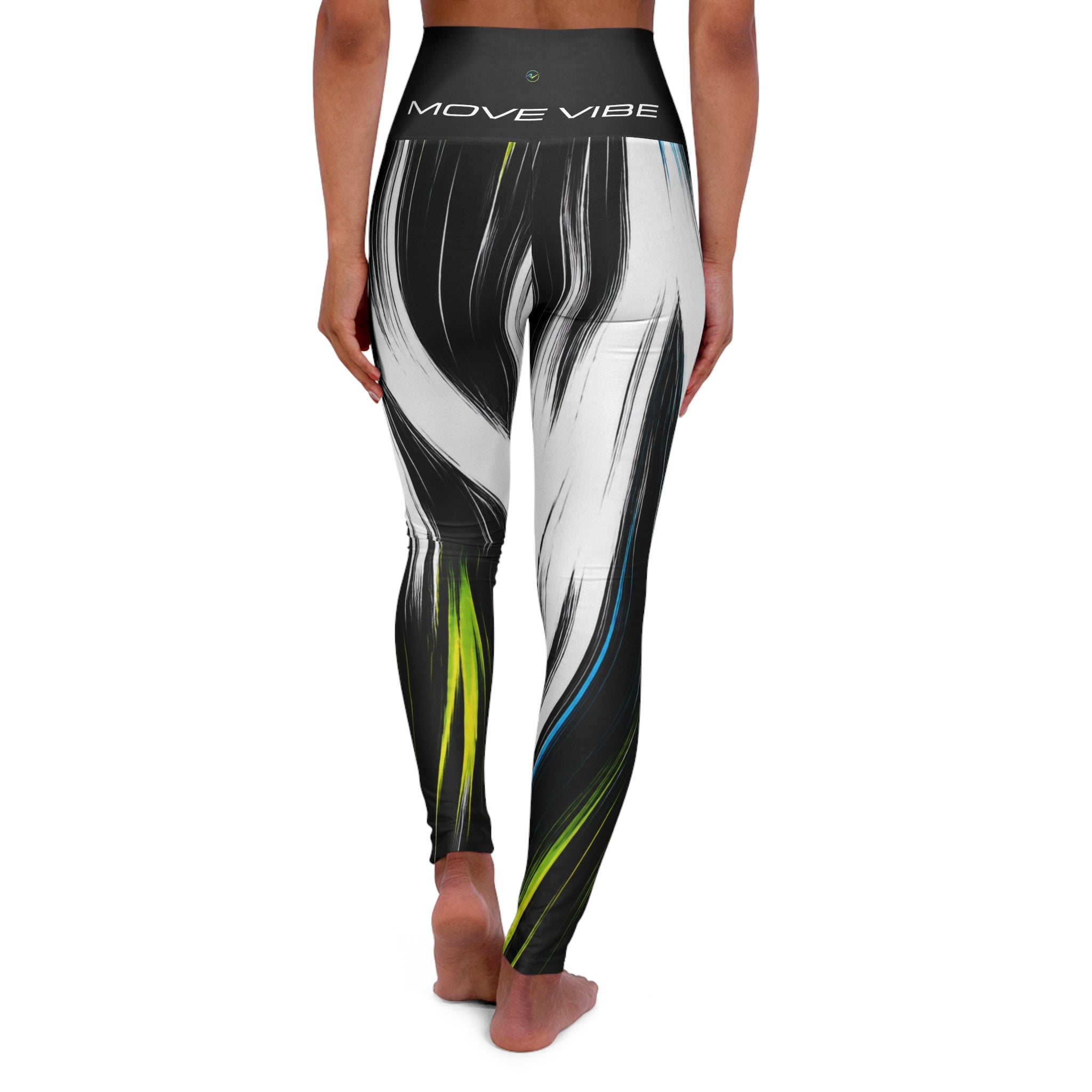 High-Waist Yoga Leggings — Abstract Black & White Brushstroke with Neon Accents