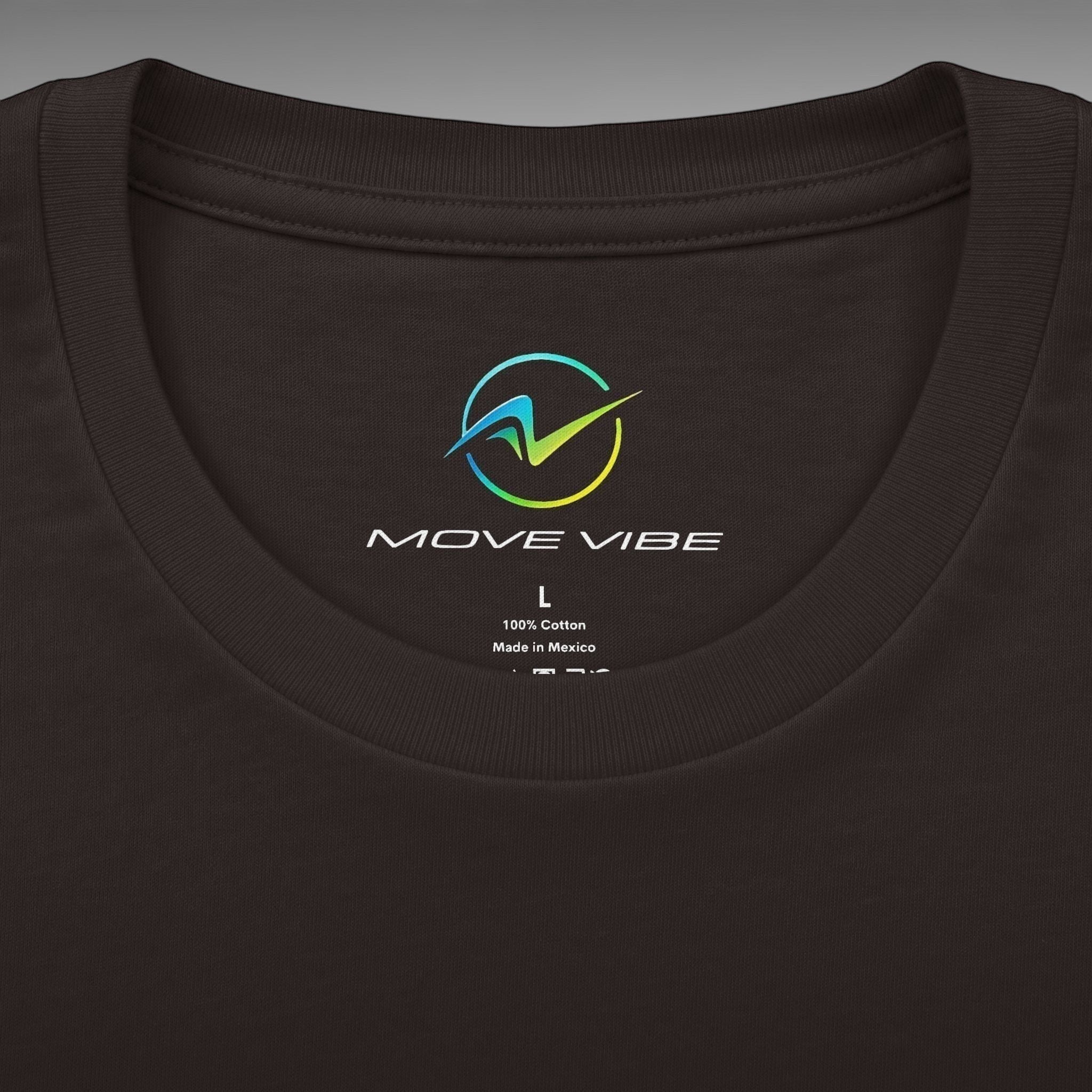 Move Vibe black crew neck cotton t-shirt featuring a printed brand logo on the inner collar label