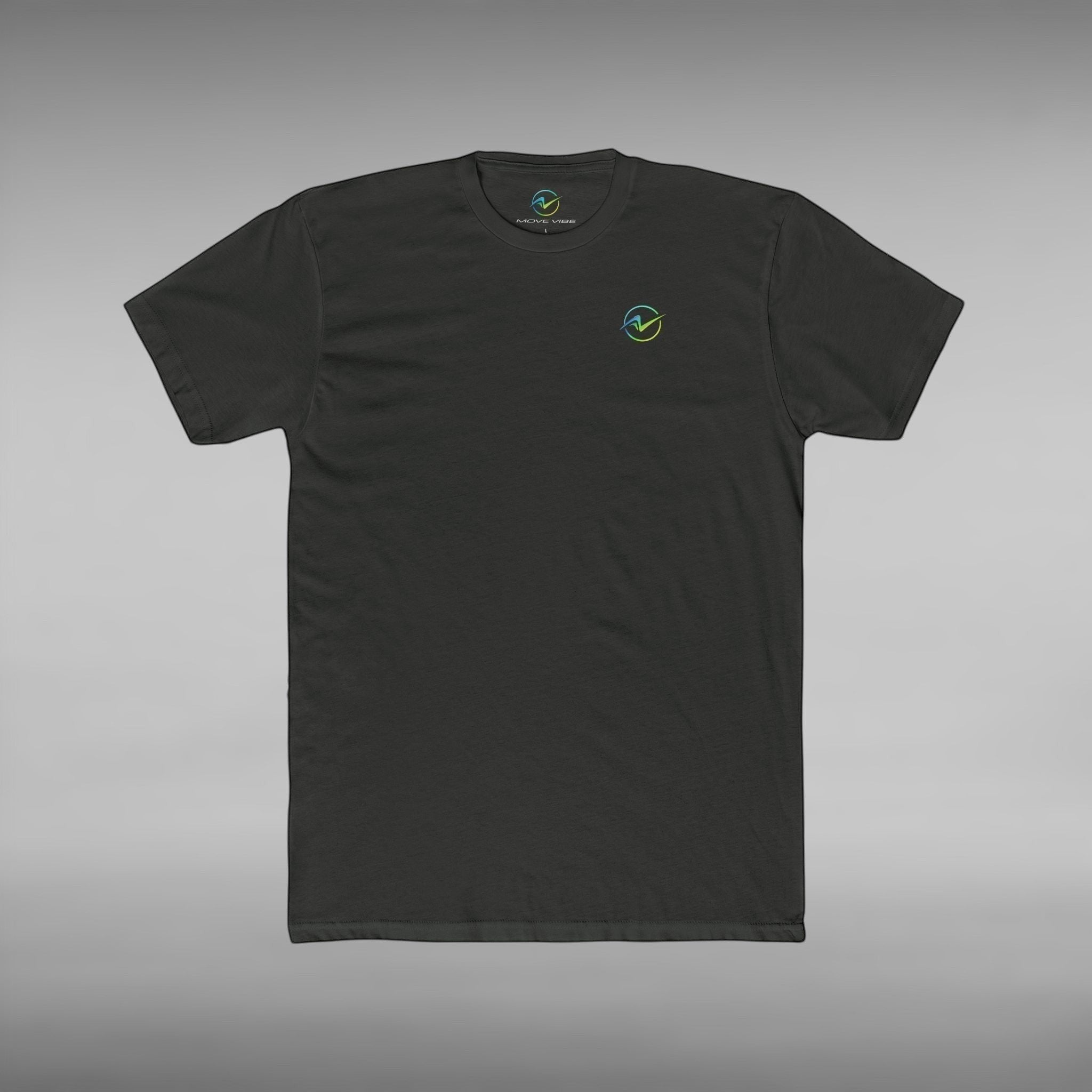 Move Vibe black crew neck cotton t-shirt with a small circular logo on the chest, featuring a lightweight fit.