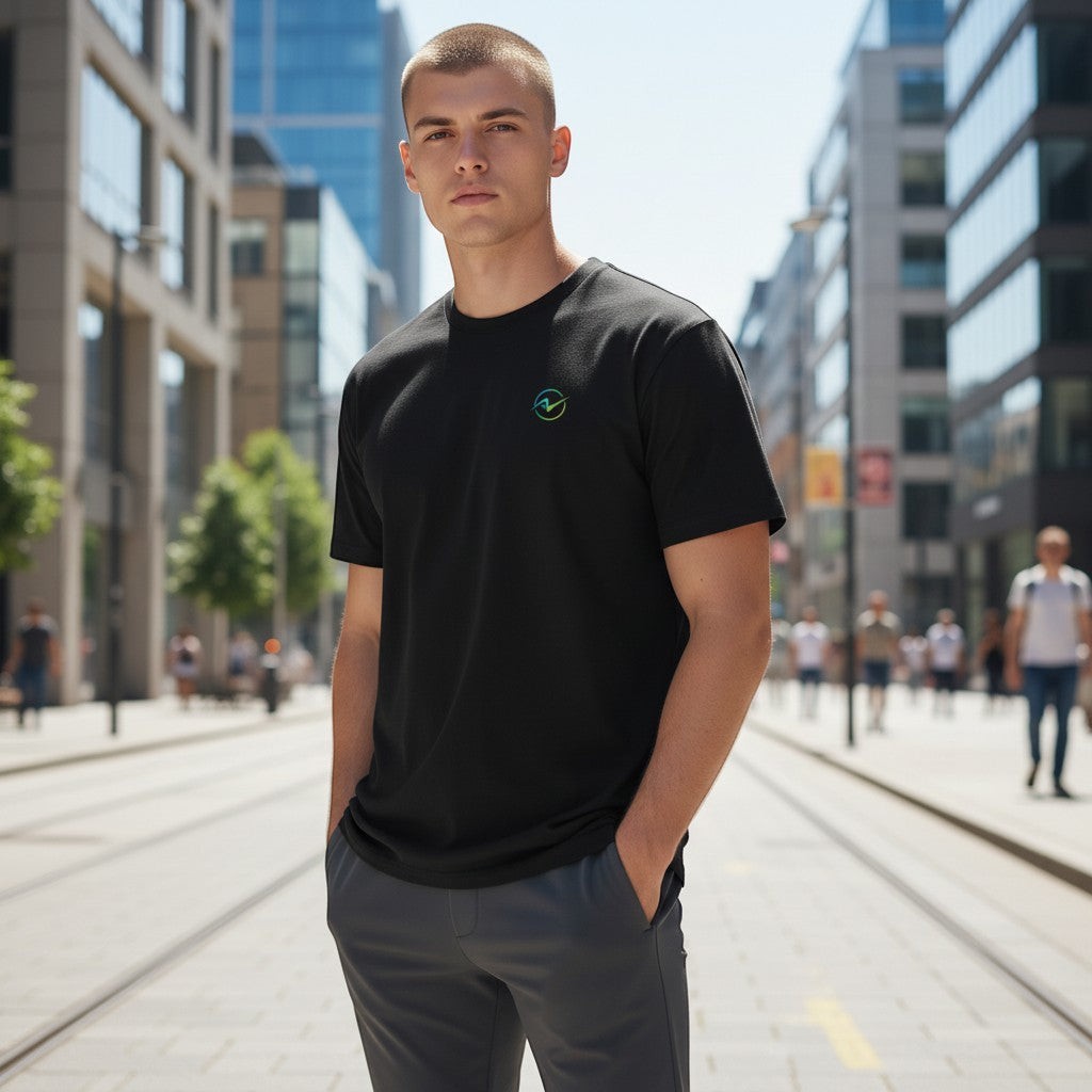 Move Vibe unisex black crew neck cotton t-shirt with small chest logo worn by a man on a city street
