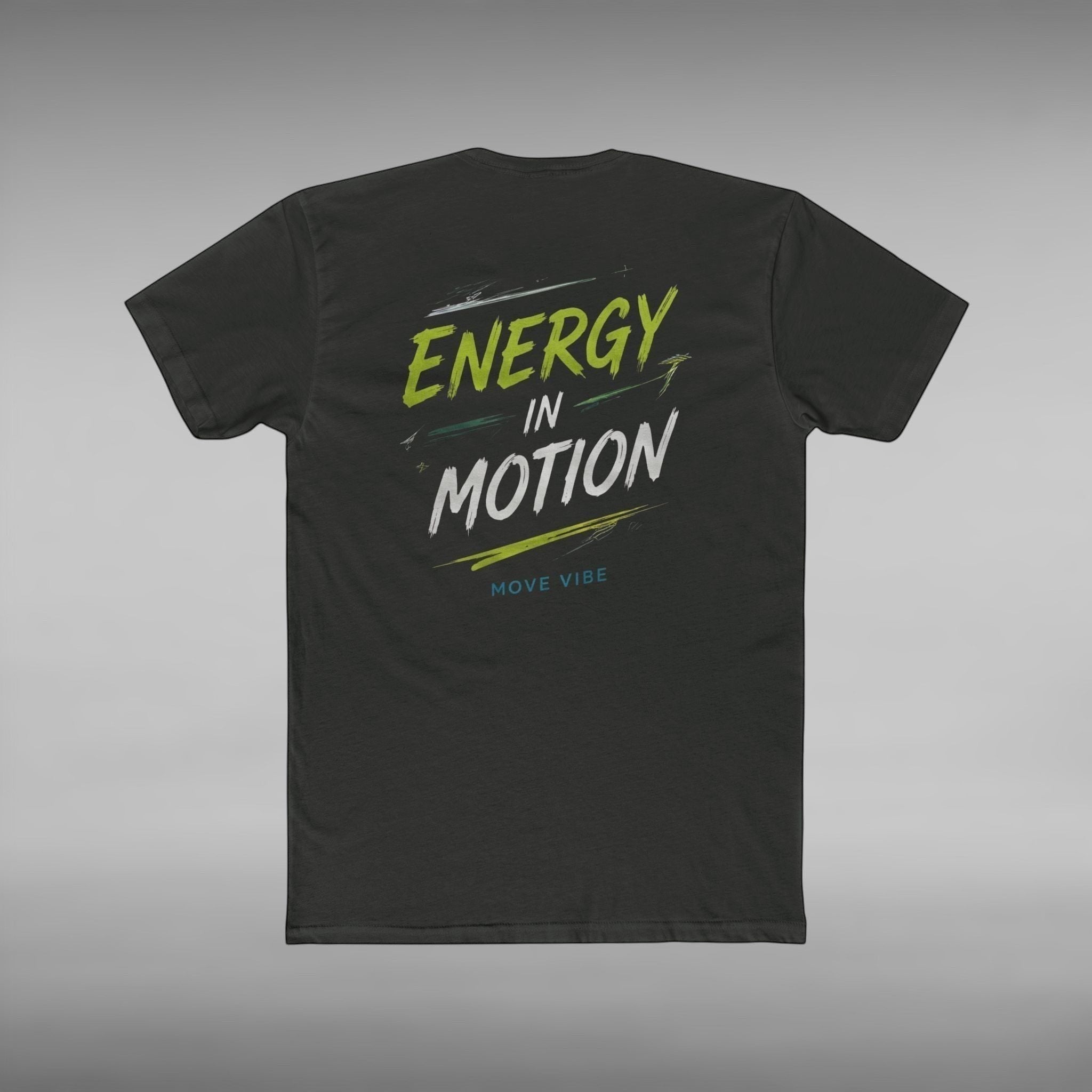 Move Vibe black unisex crew neck cotton t-shirt with Energy in Motion graphic print on the back
