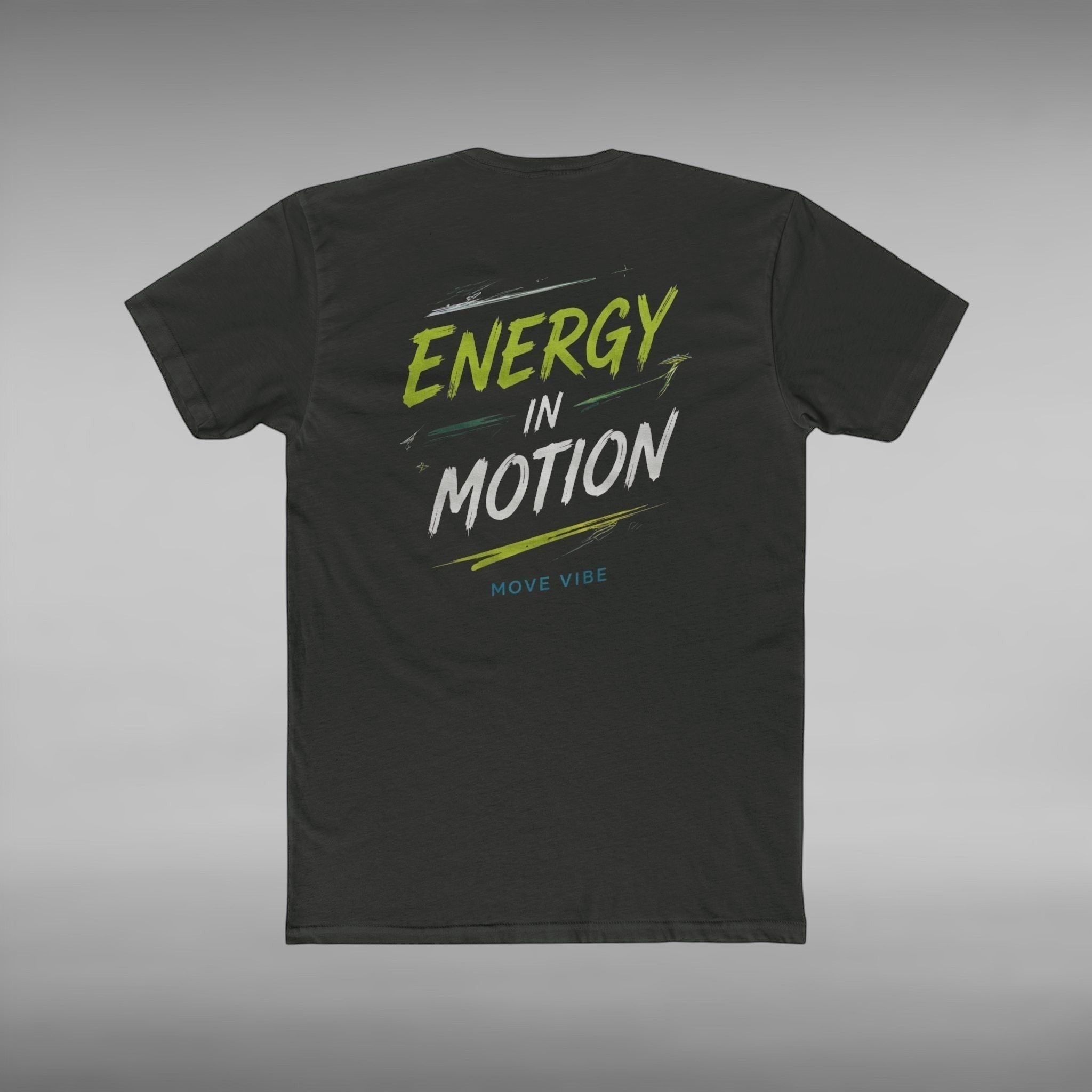 Move Vibe black unisex crew neck cotton t-shirt with Energy in Motion graphic print on the back