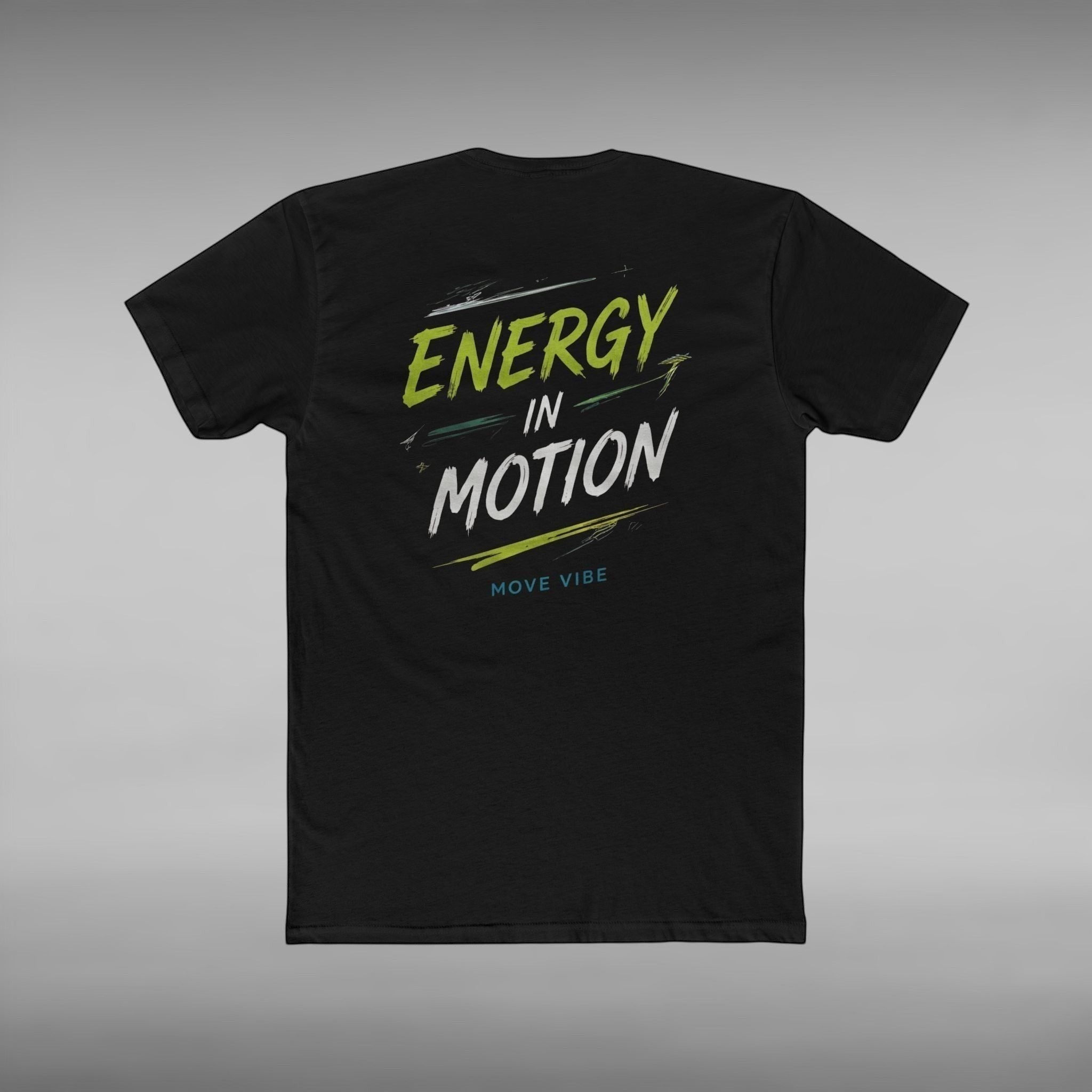 Move Vibe black unisex crew neck cotton t-shirt with Energy in Motion graphic print on the back