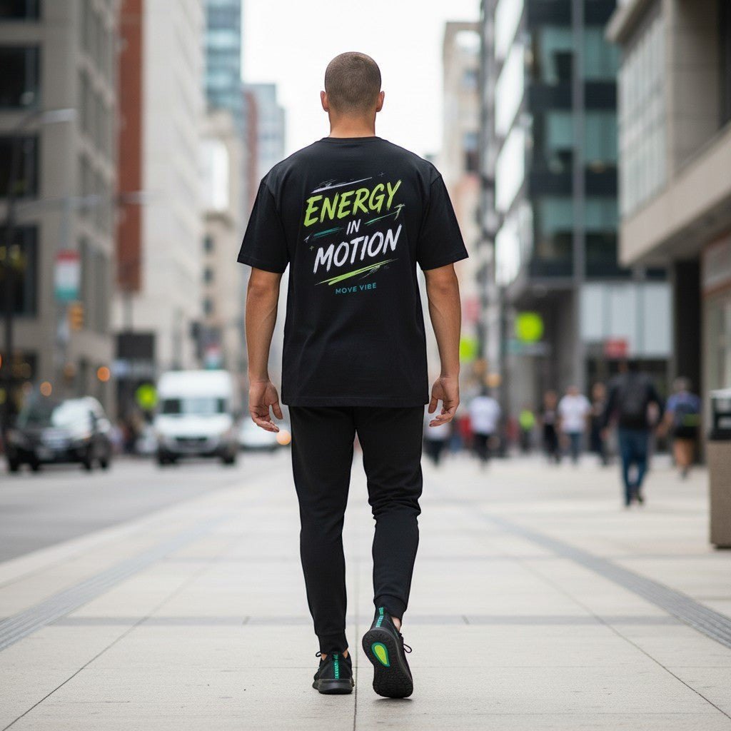 Move Vibe black crew neck t-shirt with Energy in Motion graphic on back worn by a man walking on a city street