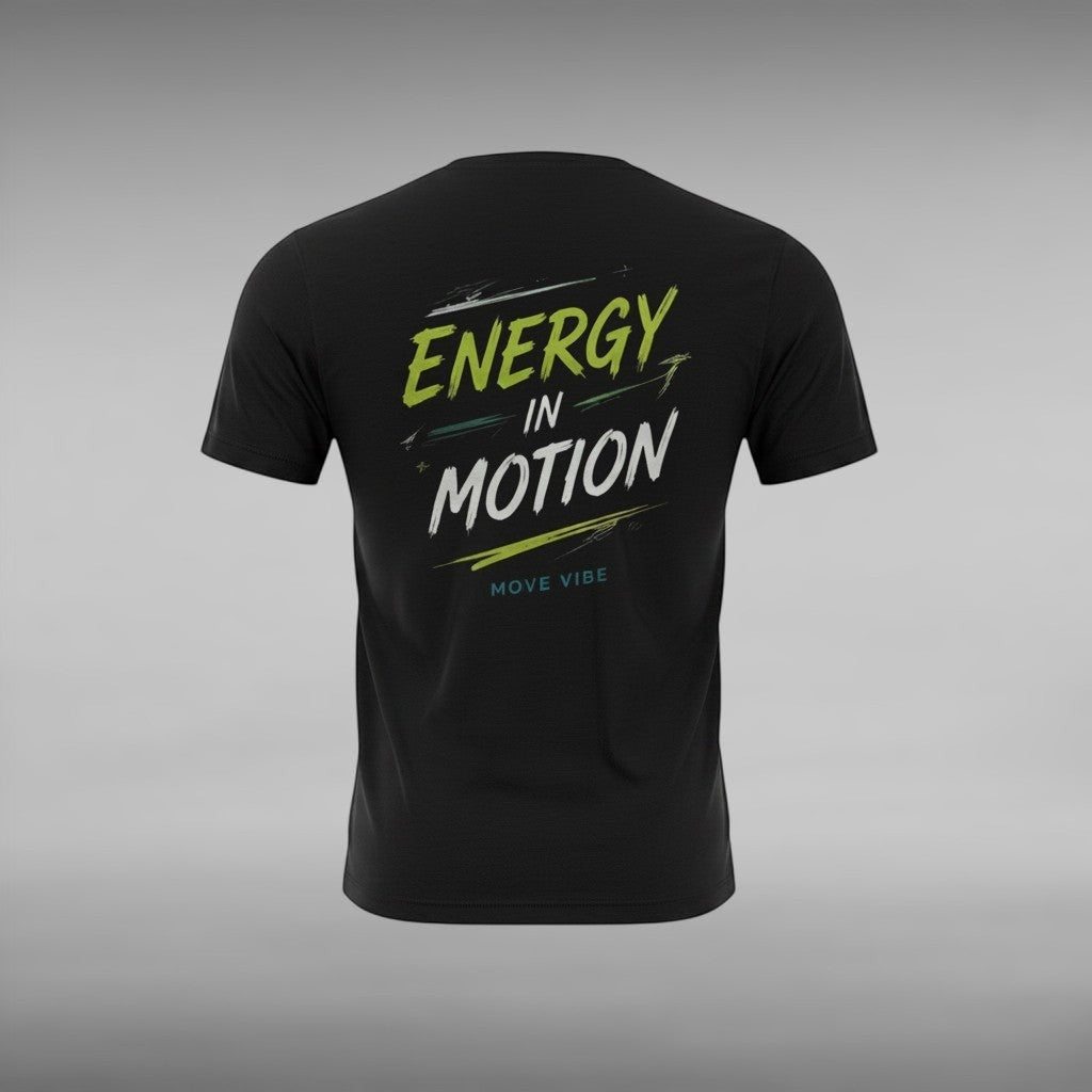 Move Vibe black crew neck cotton t-shirt with Energy in Motion graphic print on the back