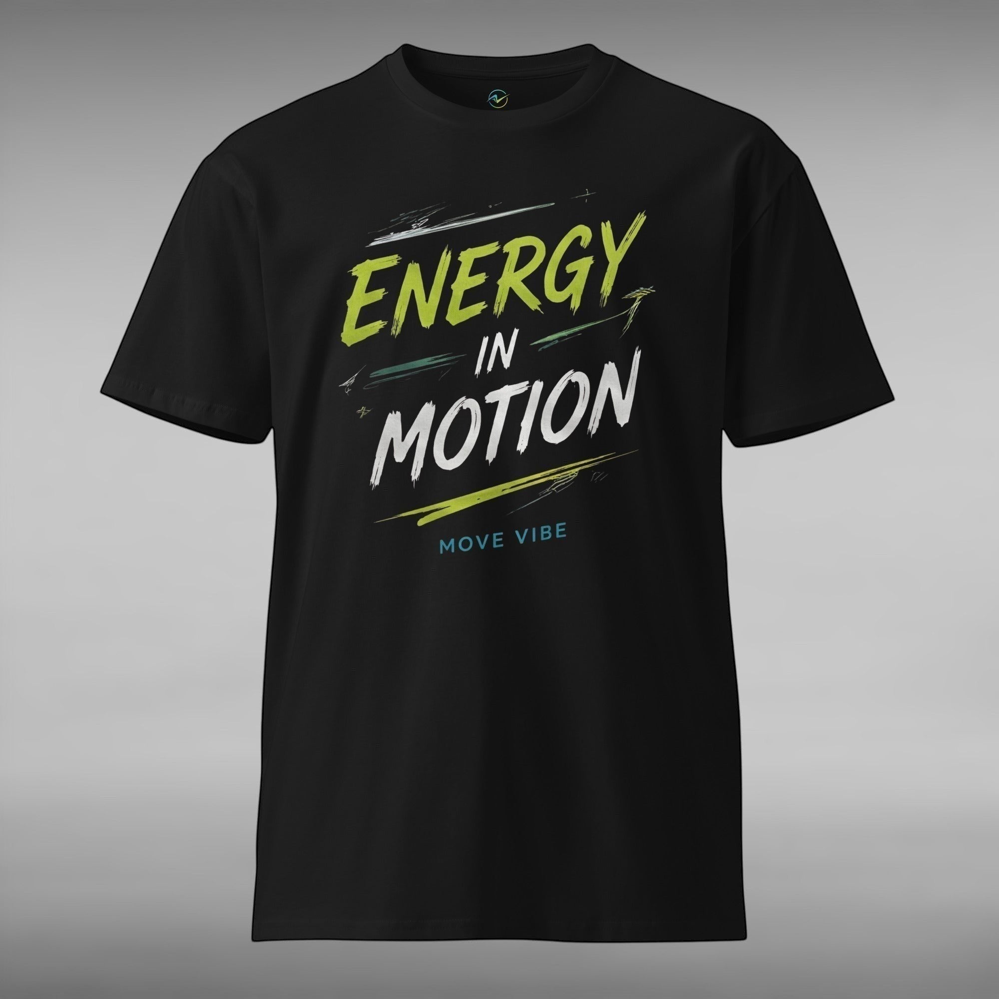 Move Vibe black unisex crew neck t-shirt featuring Energy In Motion graphic print in green and white text.