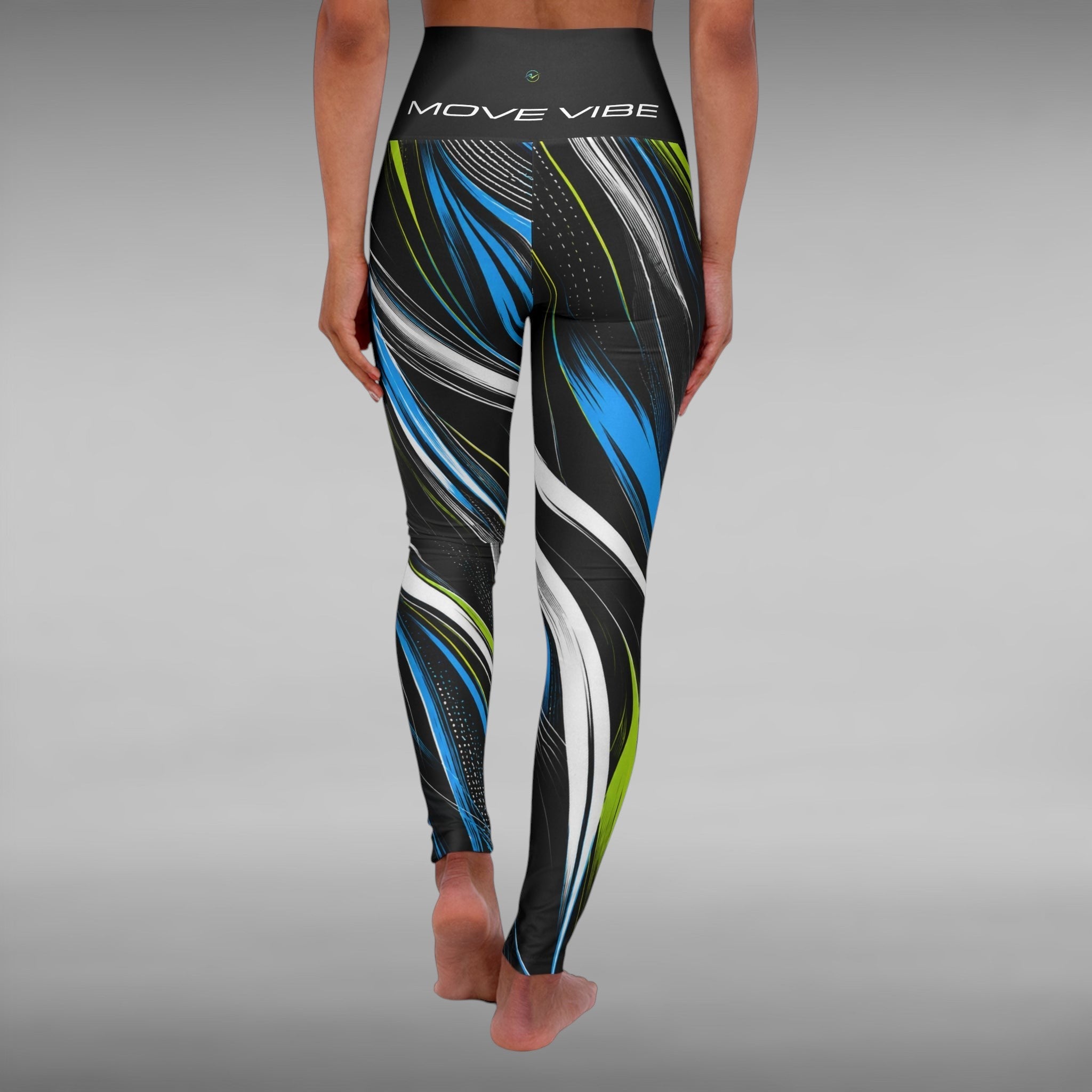 Move Vibe high-waisted yoga leggings featuring a blue, lime, and white swirl print on a black background, back view.