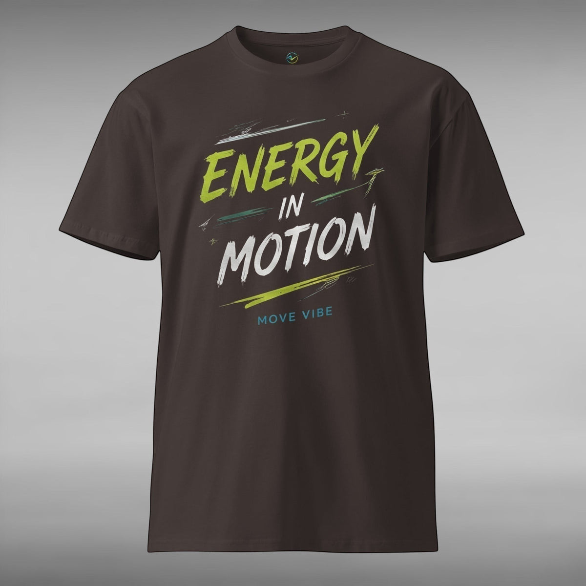 Move Vibe unisex dark brown crew neck t-shirt with Energy In Motion graphic print in green and white text