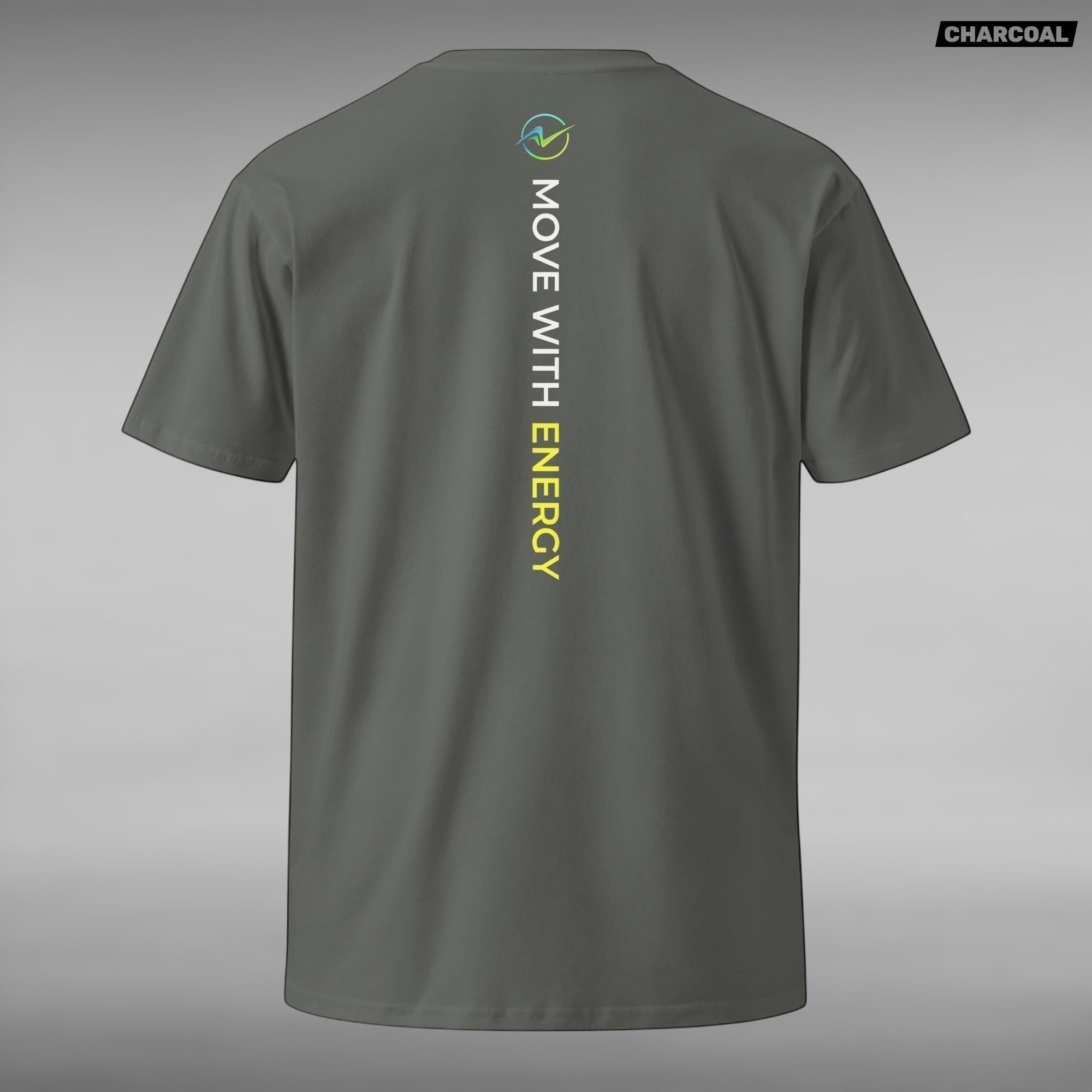 Move Vibe unisex grey crew neck t-shirt with vertical Move With Energy graphic on the back