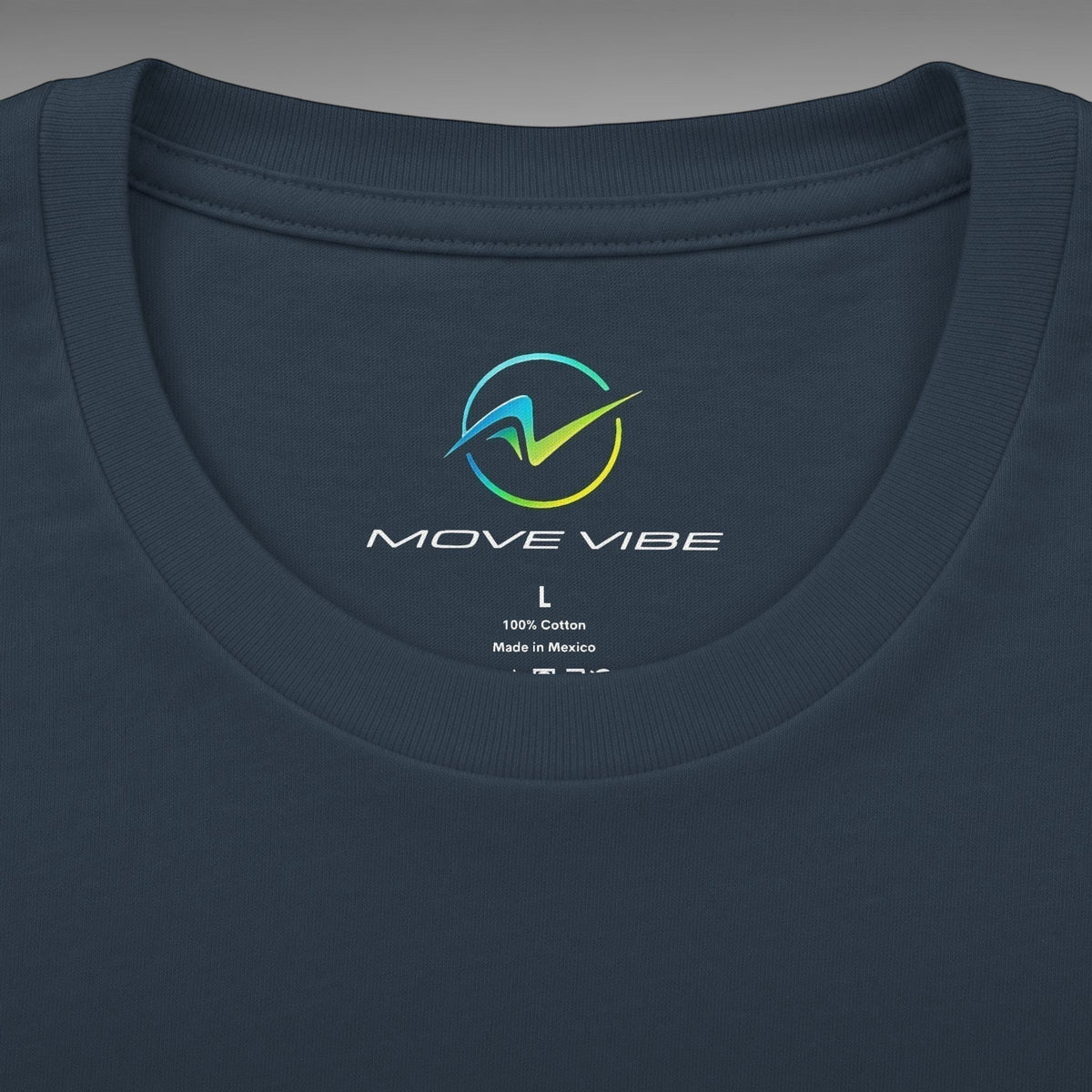 Move Vibe navy blue unisex crew neck cotton t-shirt with interior brand logo and size label