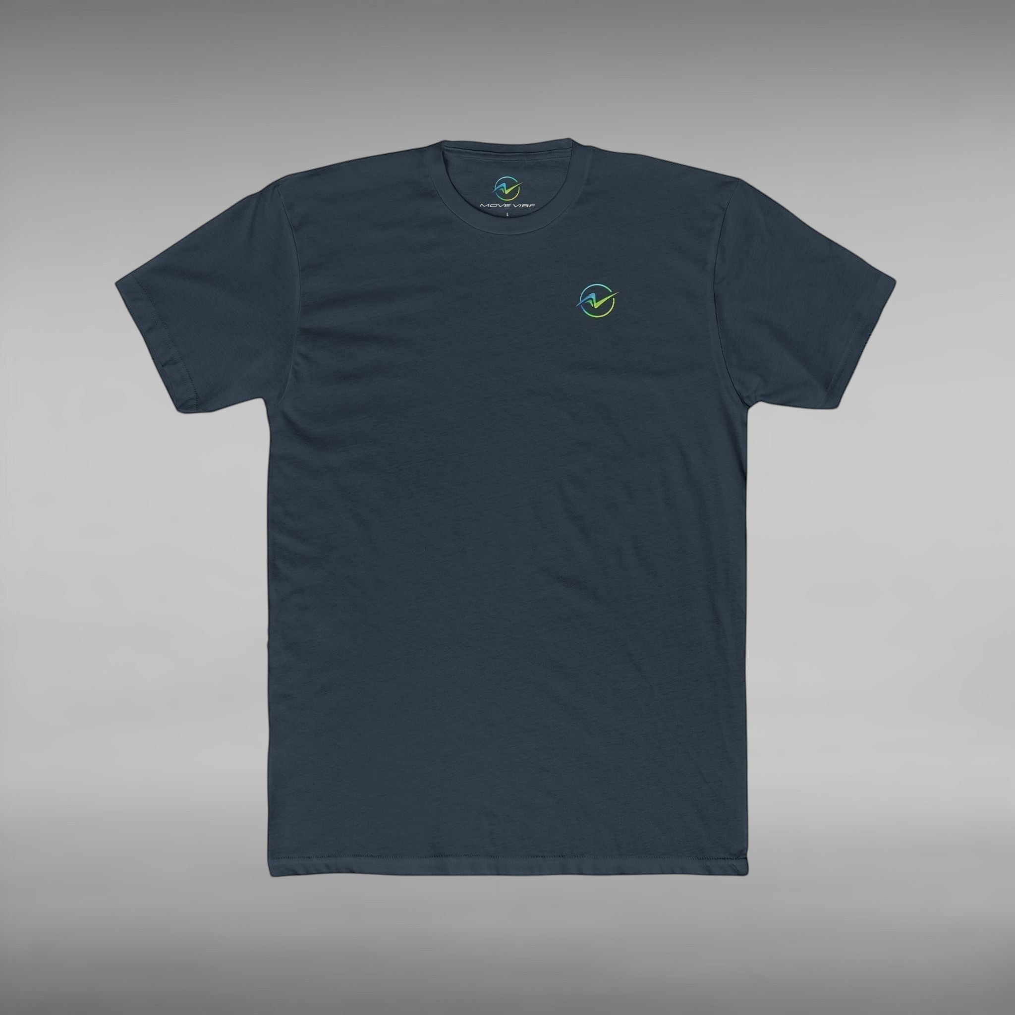 Move Vibe unisex navy blue crew neck cotton t-shirt with a small circular logo on the chest.