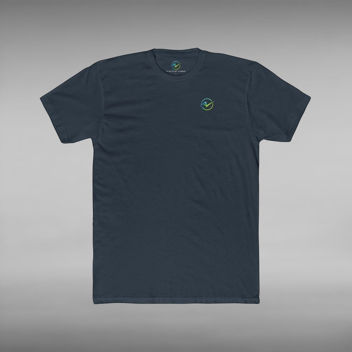 Move Vibe unisex navy blue crew neck cotton t-shirt with a small circular logo on the chest.