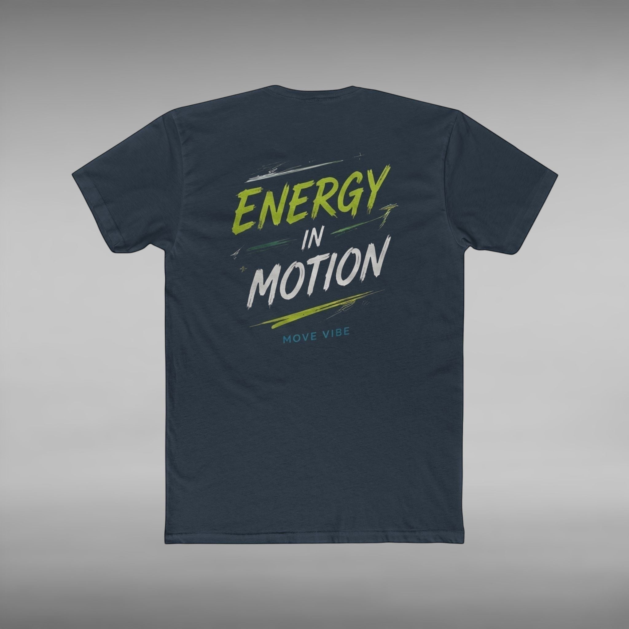 Move Vibe unisex navy cotton crew neck t-shirt featuring Energy in Motion graphic print on the back