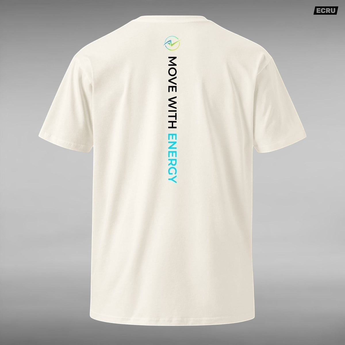 Move Vibe unisex premium cotton t-shirt in off-white with vertical Energy In Motion graphic on the back