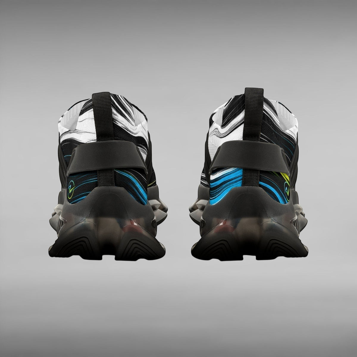 Move Vibe performance running sneakers featuring a black and white abstract print with blue and yellow accents