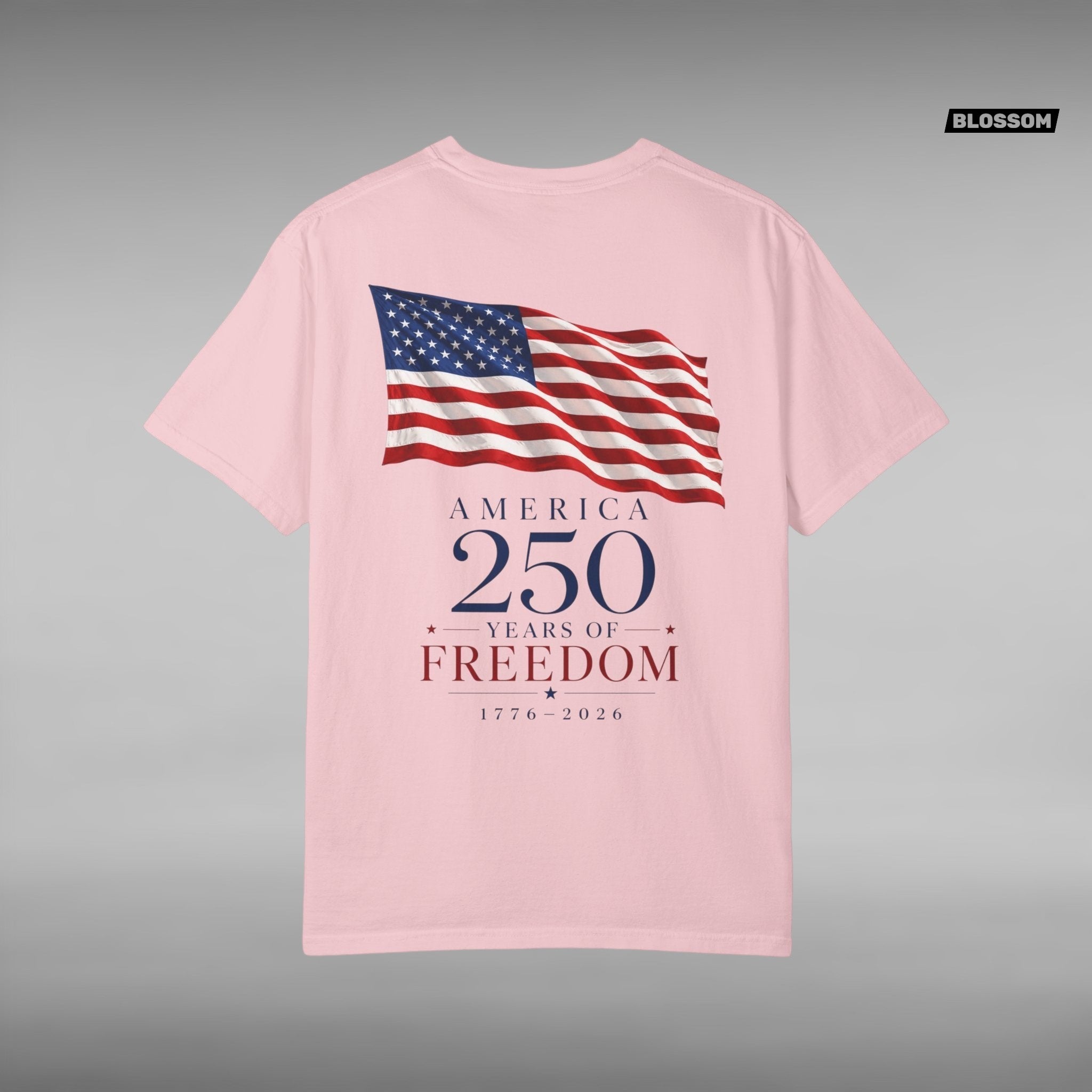 Move Vibe light pink garment-dyed cotton t-shirt with America 250 Years of Freedom flag graphic on the back