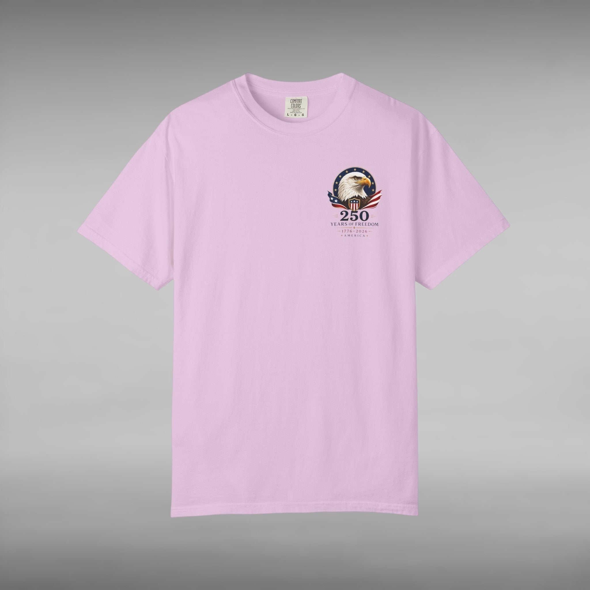 Move Vibe light pink garment-dyed cotton t-shirt featuring a small America 250 Years of Freedom eagle chest emblem.