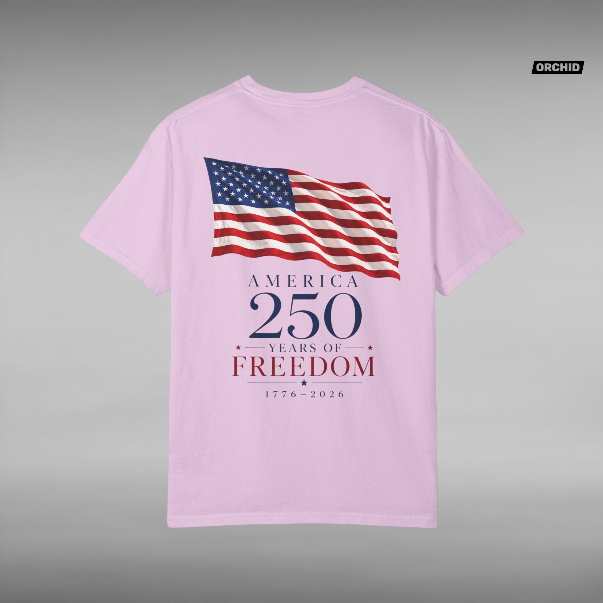 Move Vibe light pink garment-dyed cotton t-shirt featuring a back print of a waving American flag and 250 years text