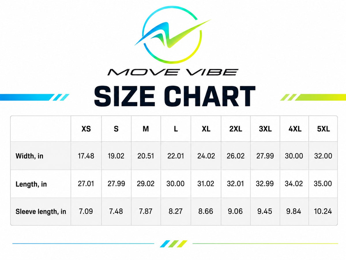 Move Vibe official size chart for unisex crewneck t-shirts showing measurements for sizes XS to 5XL