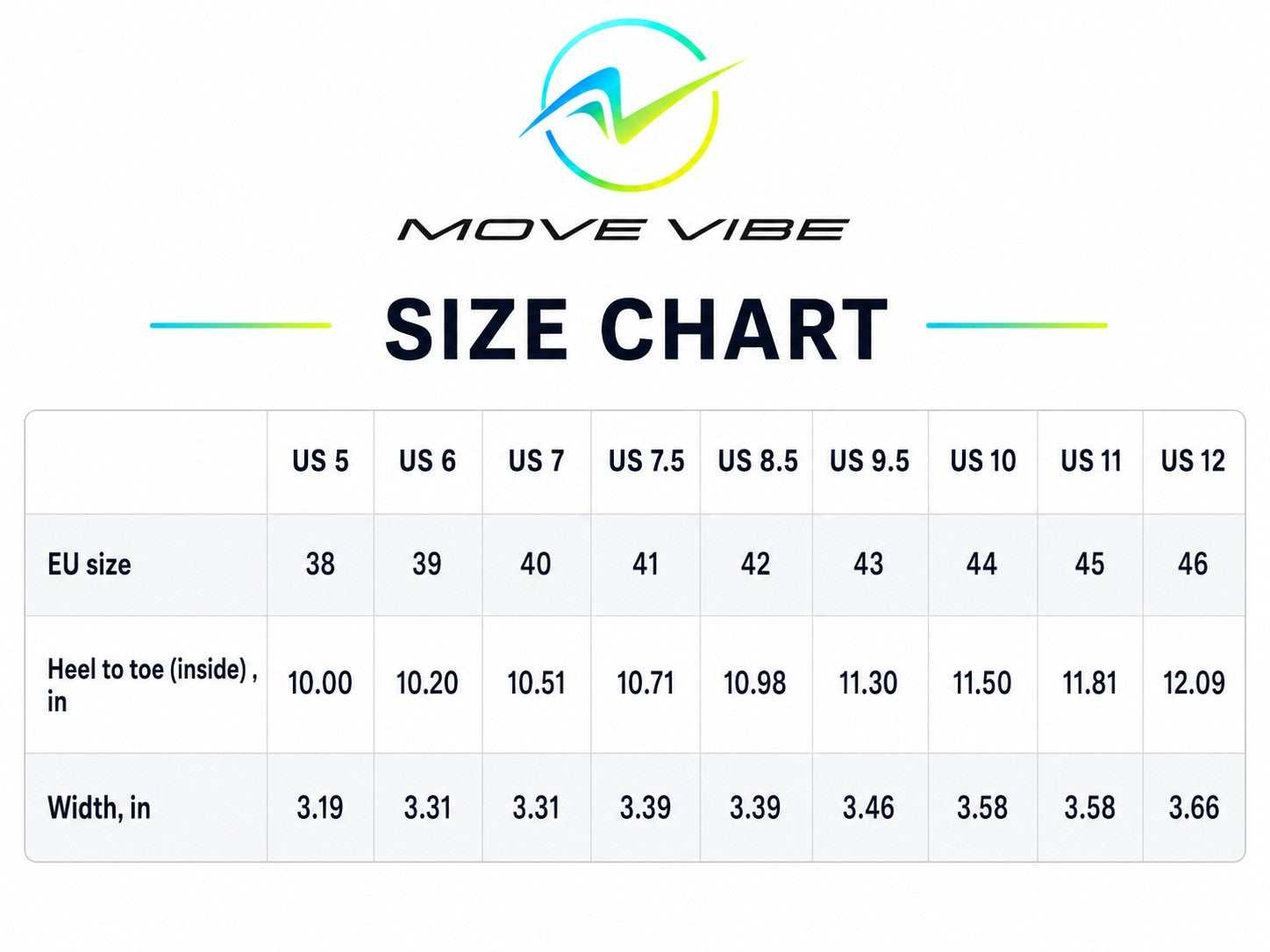 Move Vibe size chart for athletic sneakers showing US and EU sizing conversions with heel to toe measurements