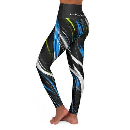 High-Waisted Yoga Leggings — Move Vibe Blue & Lime Swirl All-Over Print