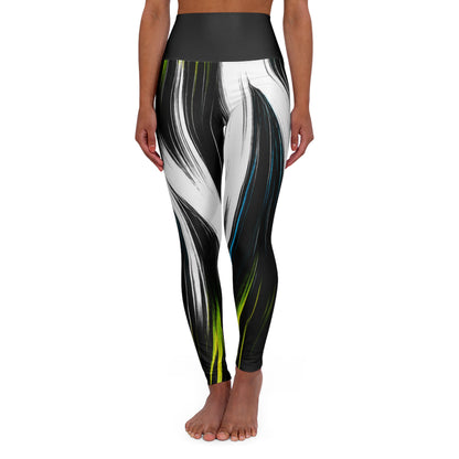 High-Waist Yoga Leggings — Abstract Black & White Brushstroke with Neon Accents