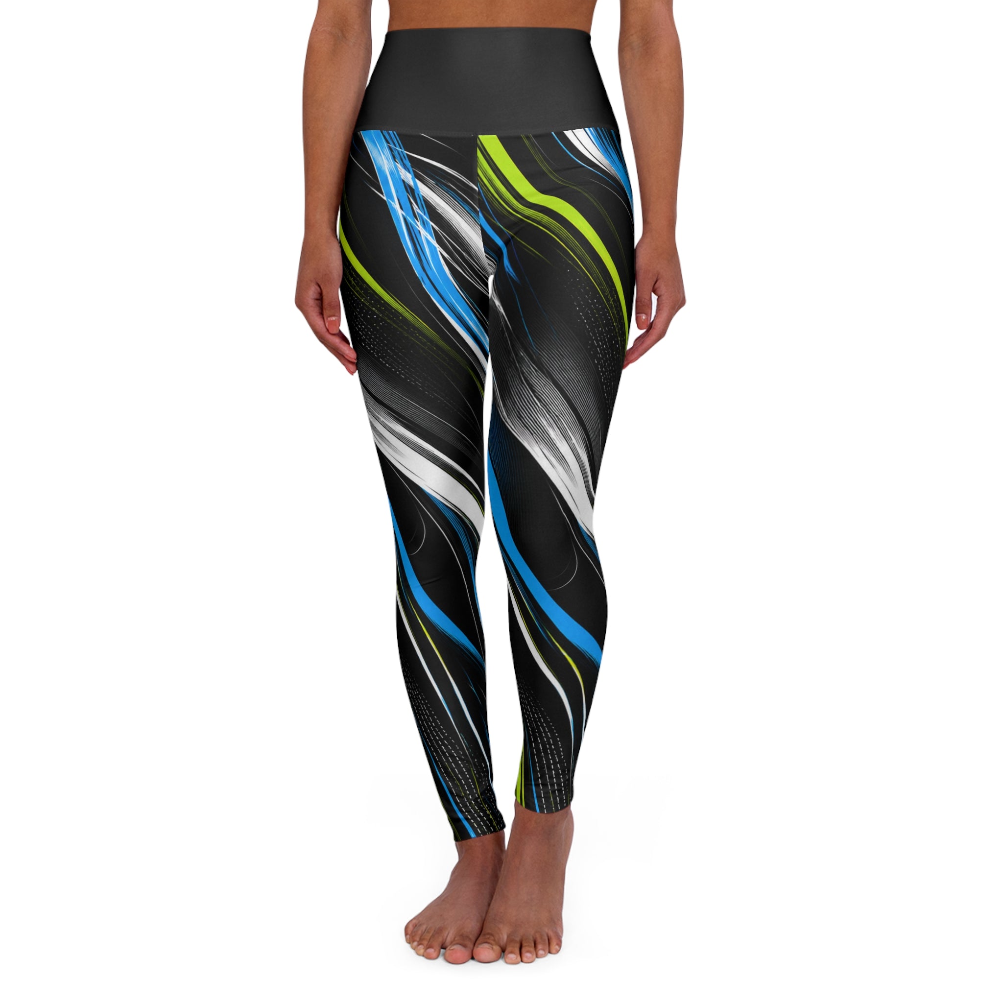 High-Waisted Yoga Leggings — Move Vibe Blue & Lime Swirl All-Over Print