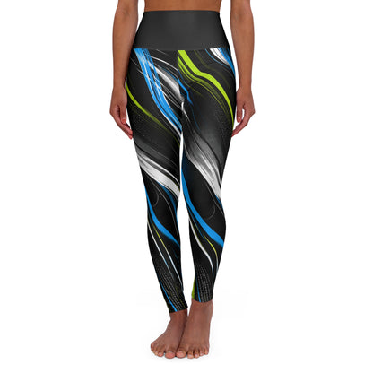 High-Waisted Yoga Leggings — Move Vibe Blue & Lime Swirl All-Over Print