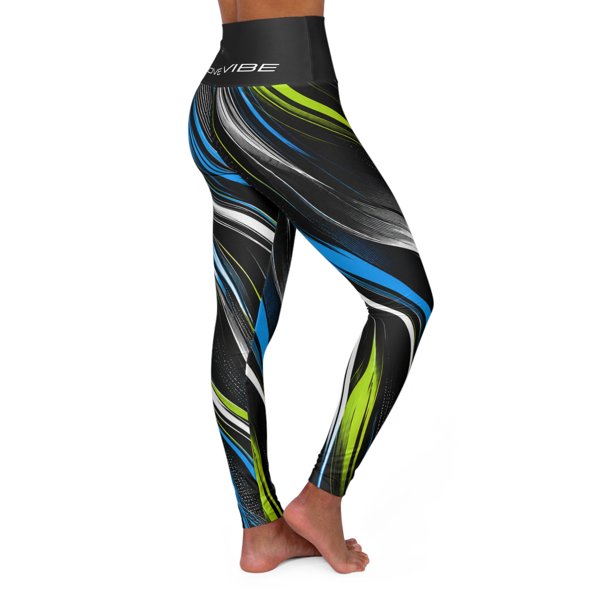 High-Waisted Yoga Leggings — Move Vibe Blue & Lime Swirl All-Over Print