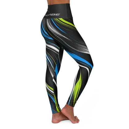 High-Waisted Yoga Leggings — Move Vibe Blue & Lime Swirl All-Over Print