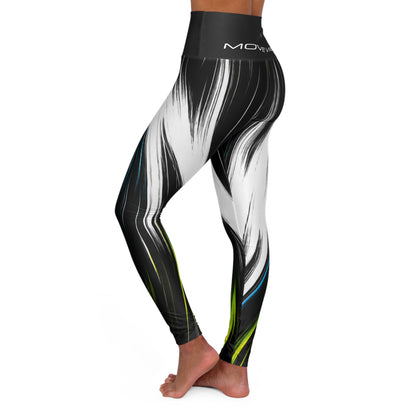 High-Waist Yoga Leggings — Abstract Black & White Brushstroke with Neon Accents