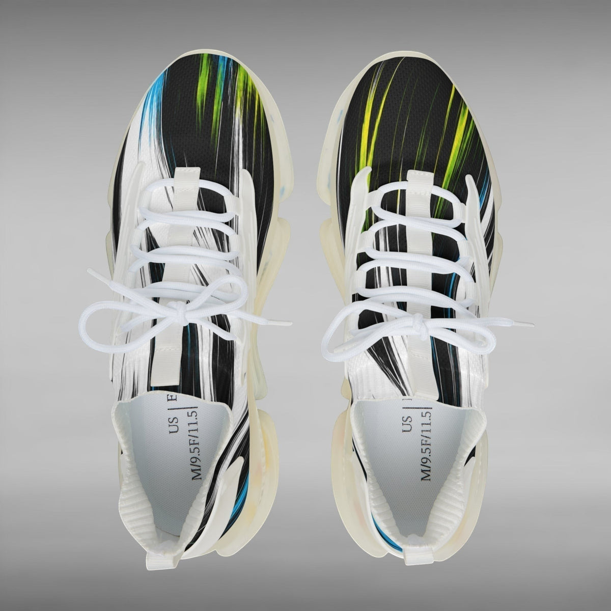 Move Vibe performance running sneakers with abstract neon brushstroke print, white laces, and breathable mesh upper.