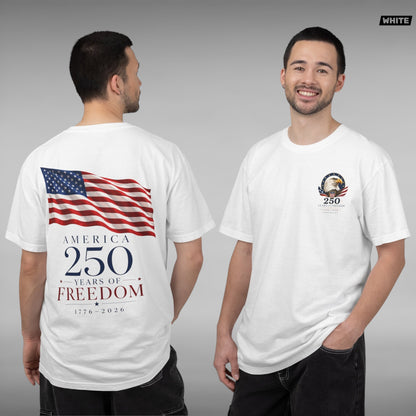 Move Vibe white cotton t-shirt with American flag back print and eagle chest emblem for America 250th anniversary