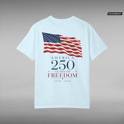 Move Vibe light blue garment-dyed cotton t-shirt featuring a back print of a waving American flag and 250 years text.