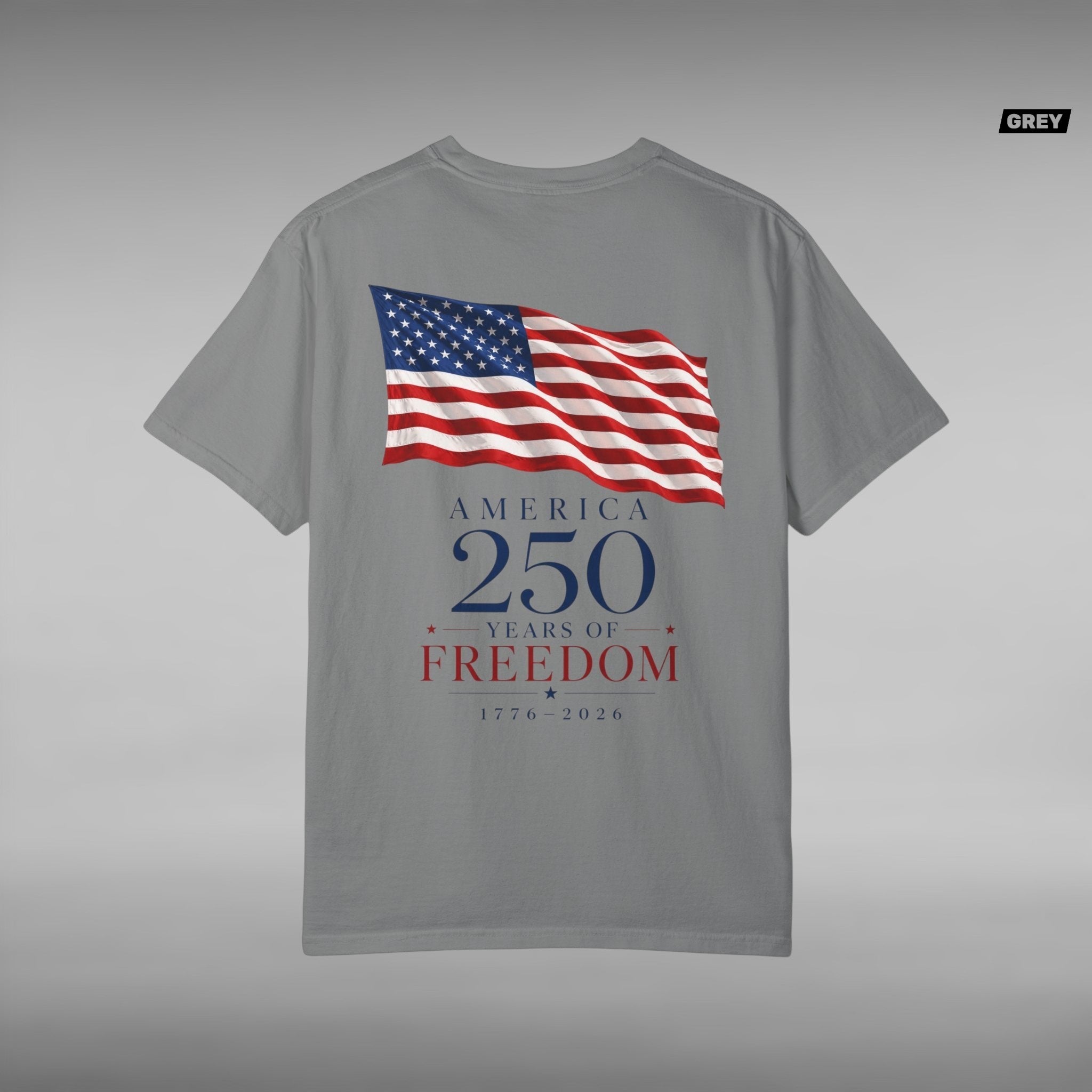 Move Vibe grey garment-dyed cotton t-shirt featuring a back graphic of a waving American flag and 250 years text.