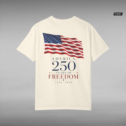 Move Vibe cream garment-dyed cotton t-shirt featuring a back graphic of a waving American flag and 250 years text.