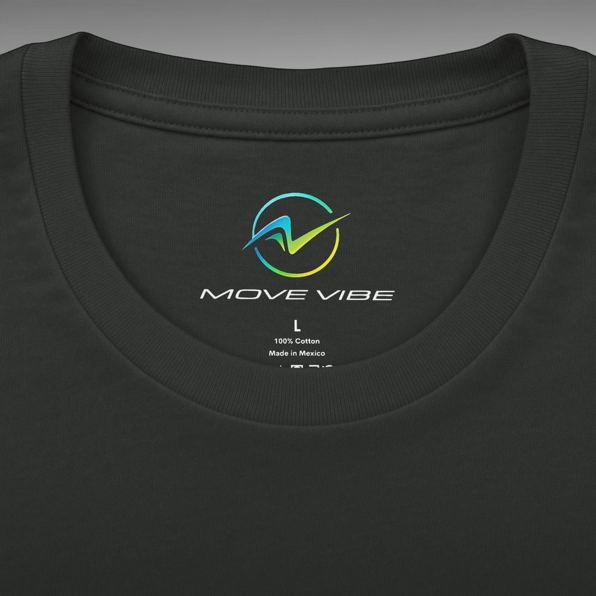 Move Vibe black cotton crew neck t-shirt featuring a printed interior brand logo and size label