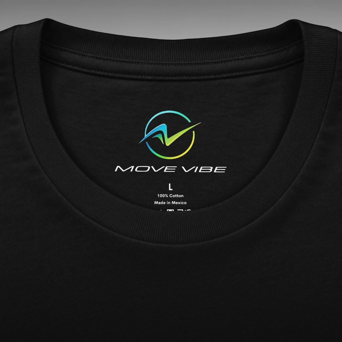 Move Vibe black cotton crew neck t-shirt featuring a printed brand logo on the inner collar label
