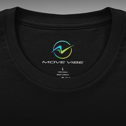Move Vibe black cotton crew neck t-shirt featuring a printed brand logo on the inner collar label