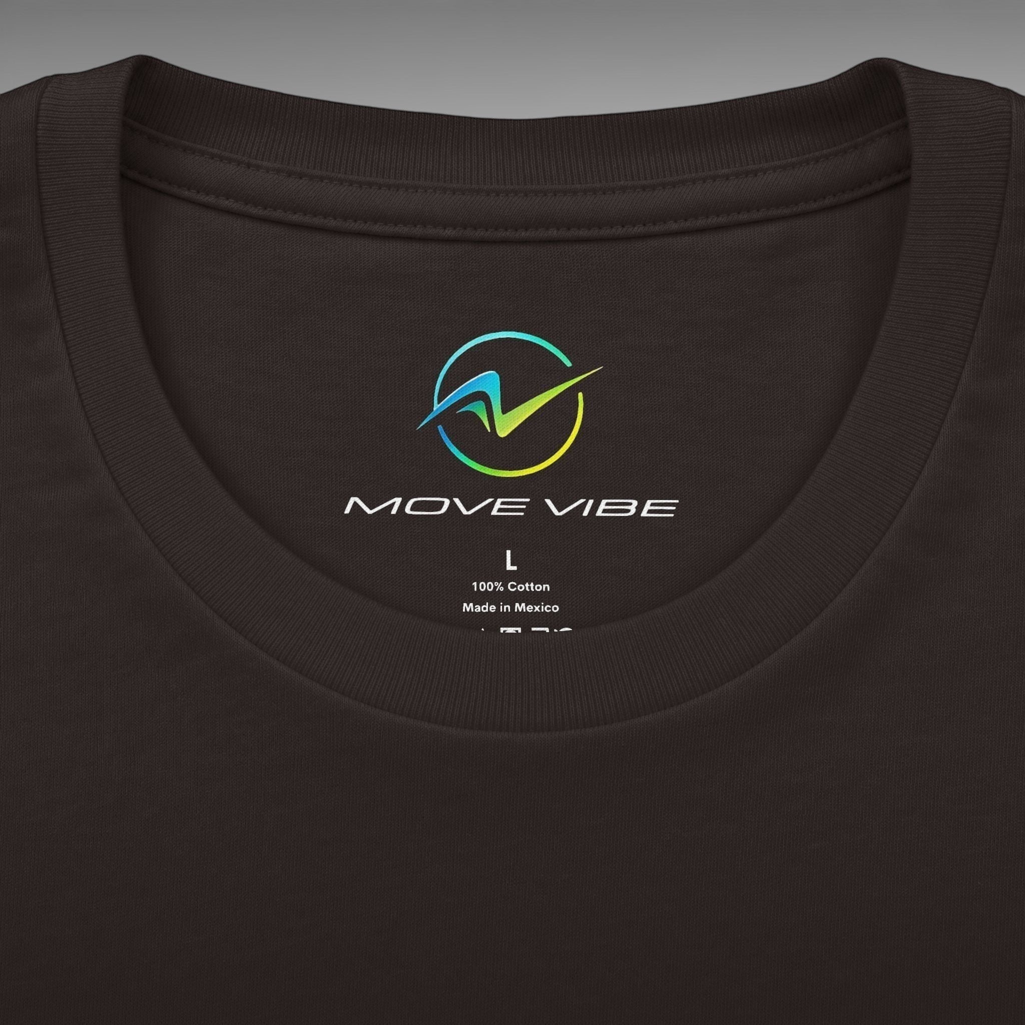 Move Vibe black crew neck cotton t-shirt featuring a printed brand logo on the inner collar label
