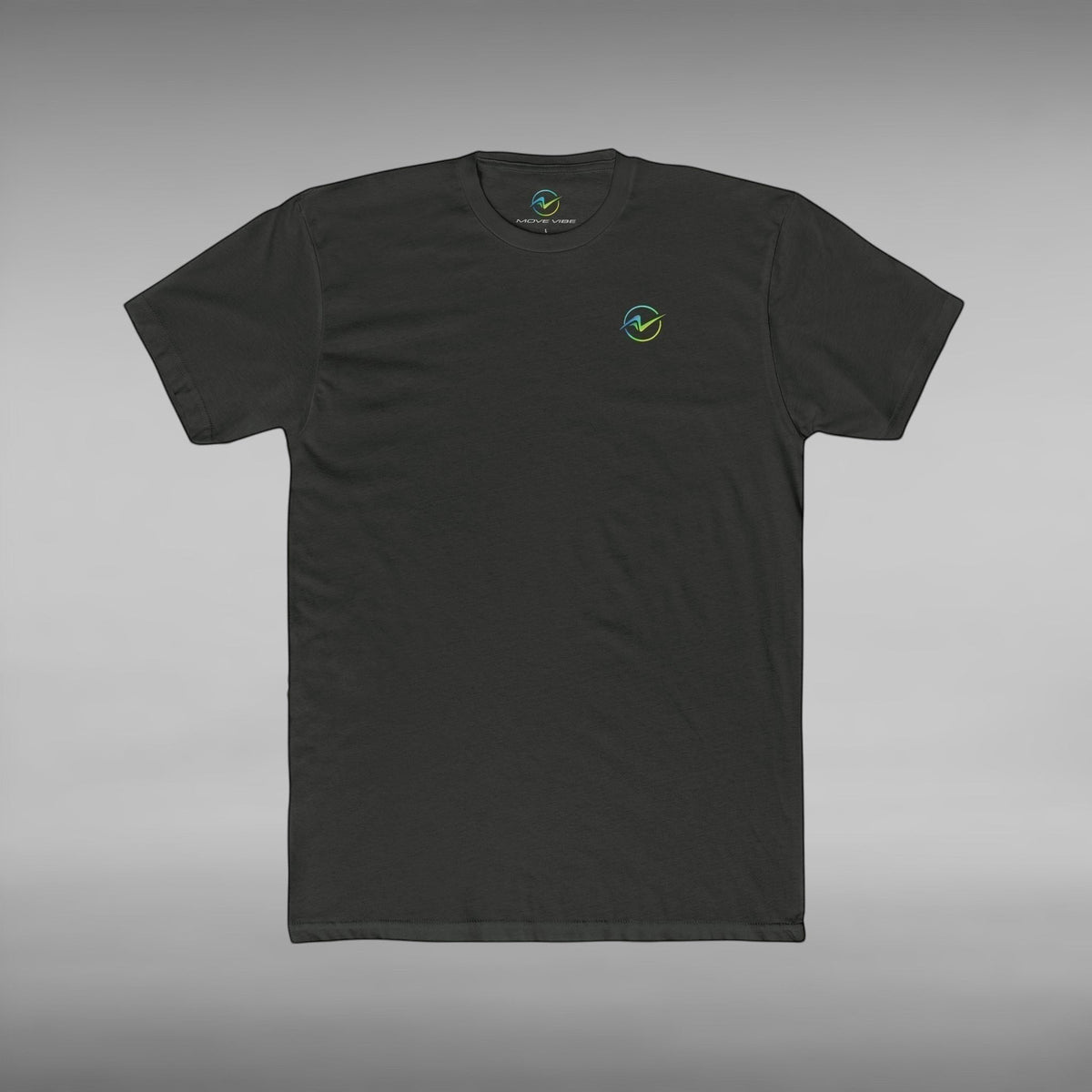 Move Vibe black crew neck cotton t-shirt with a small circular logo on the chest, featuring a lightweight fit.