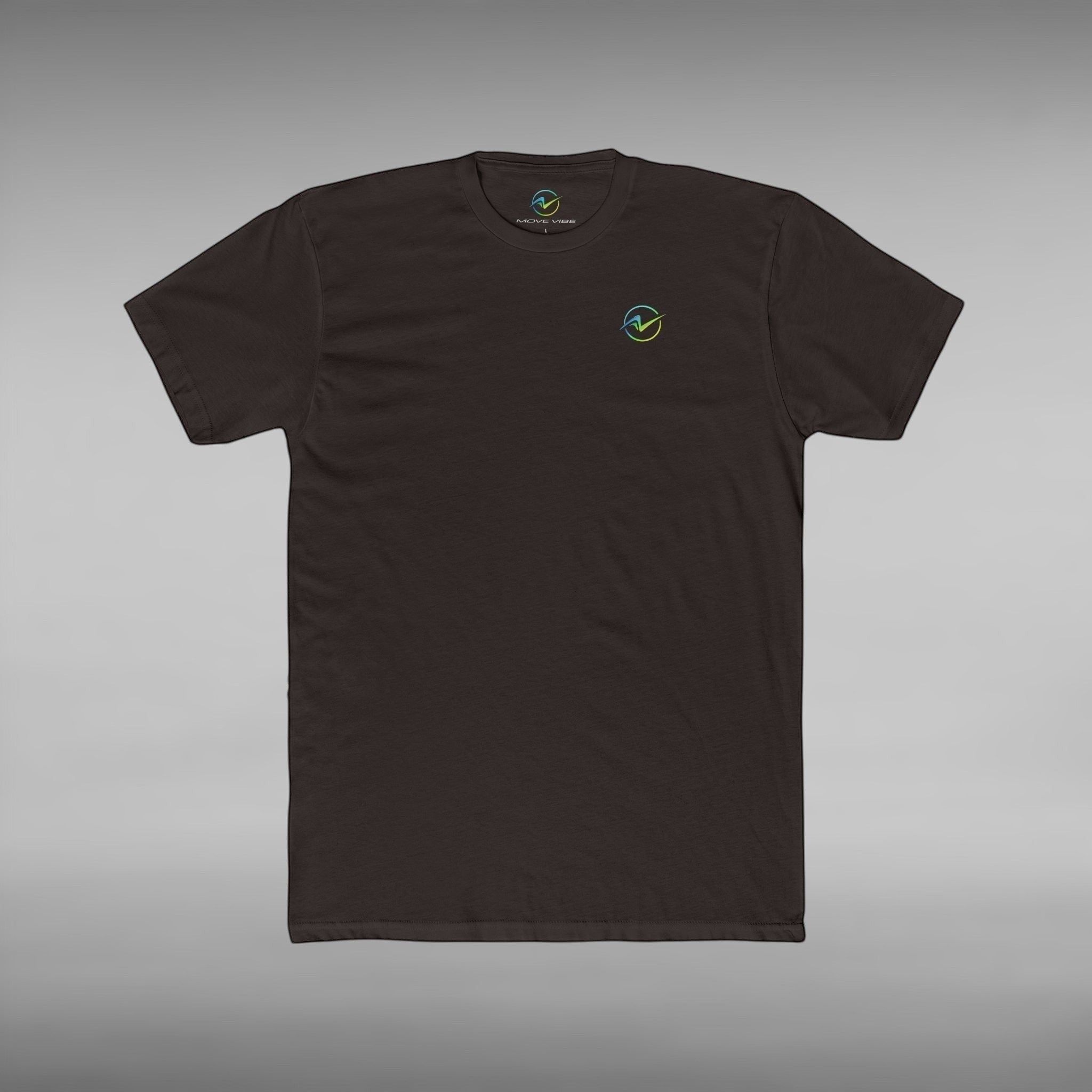 Move Vibe unisex black crew neck cotton t-shirt with a small circular logo on the left chest
