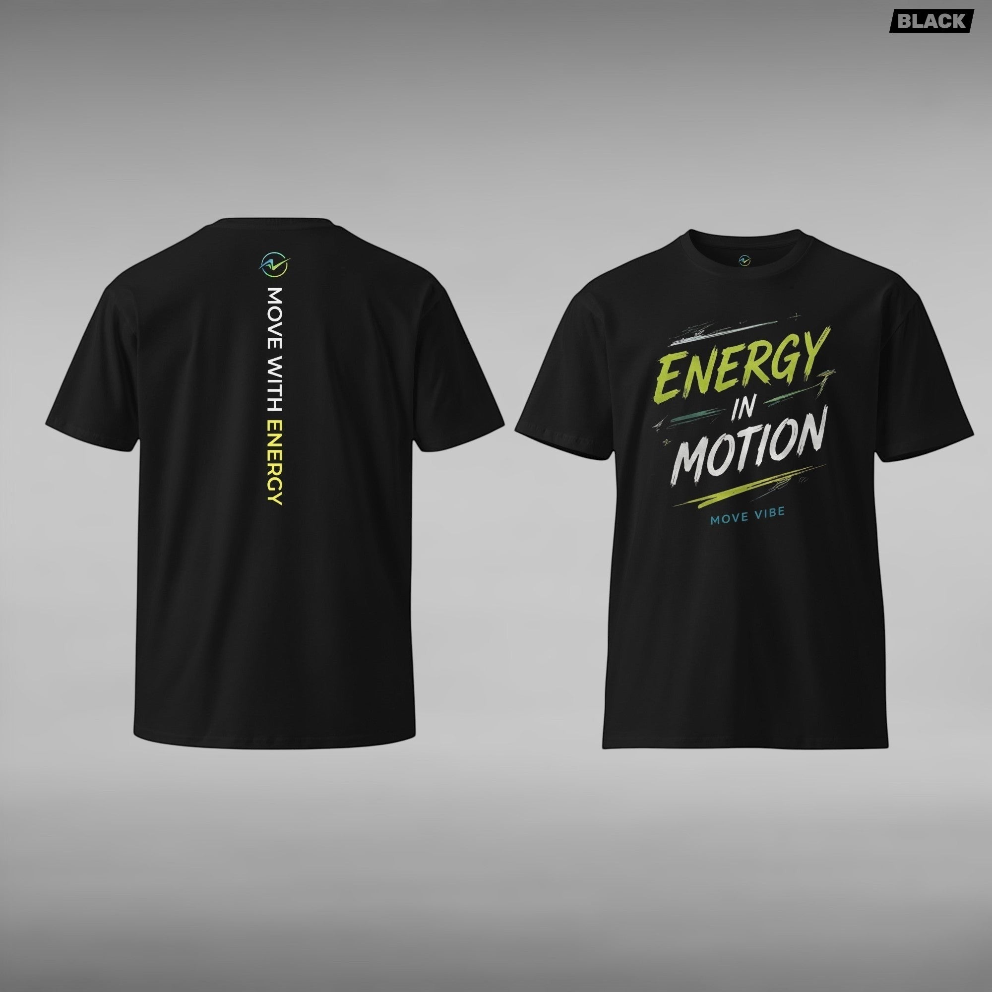 Move Vibe black premium cotton crew neck t-shirt featuring a vertical Energy In Motion graphic on the back