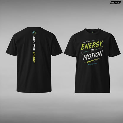 Move Vibe black premium cotton crew neck t-shirt featuring a vertical Energy In Motion graphic on the back