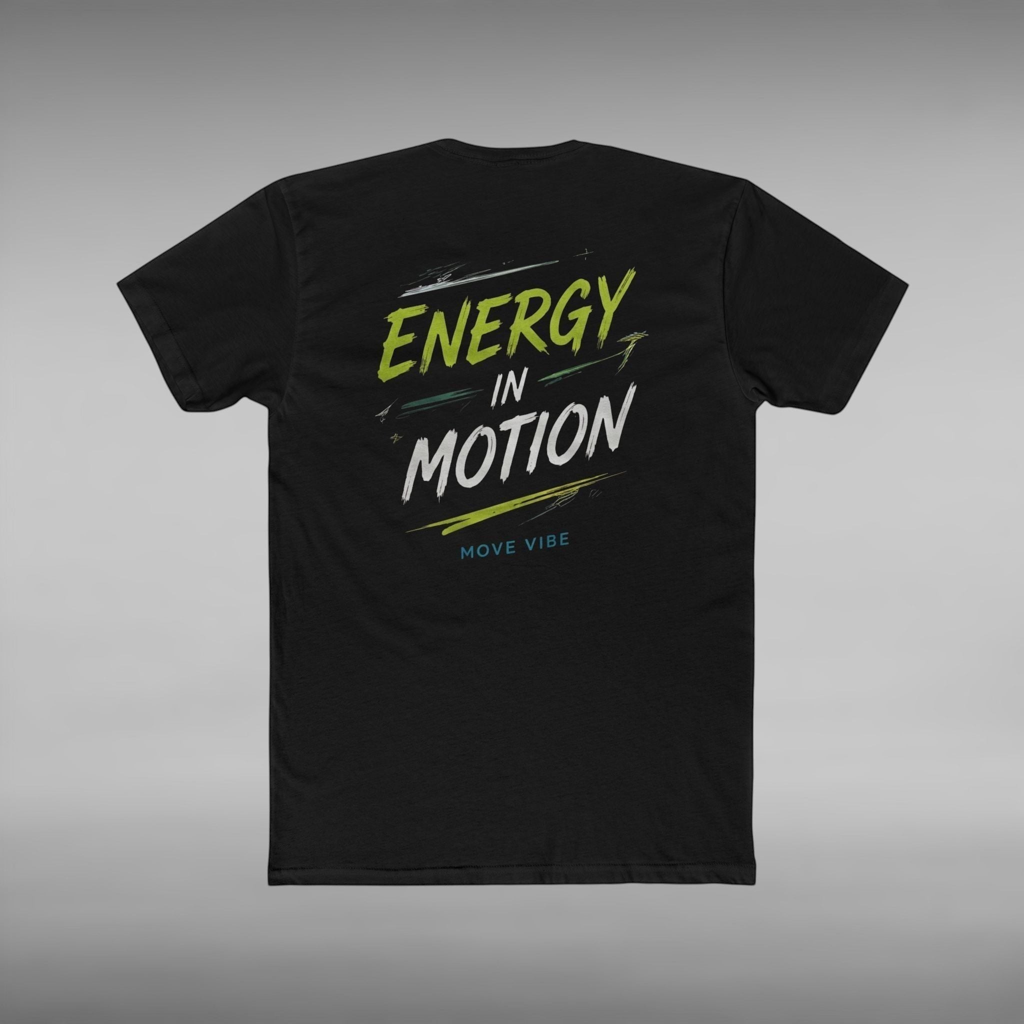 Move Vibe black unisex crew neck cotton t-shirt with Energy in Motion graphic print on the back