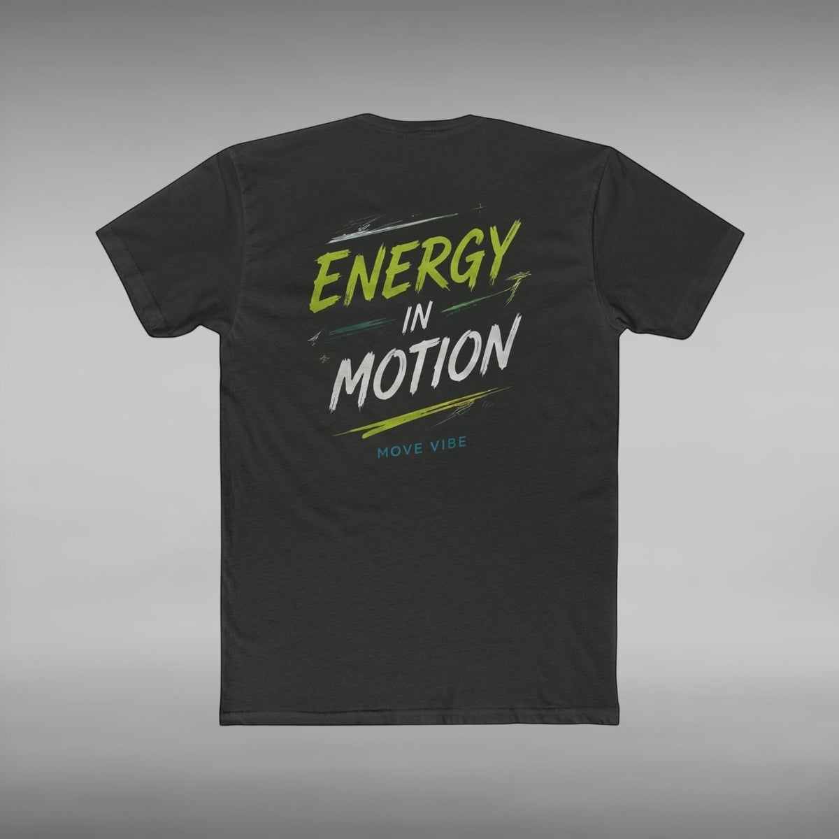 Move Vibe black unisex crew neck cotton t-shirt with Energy in Motion graphic print on the back
