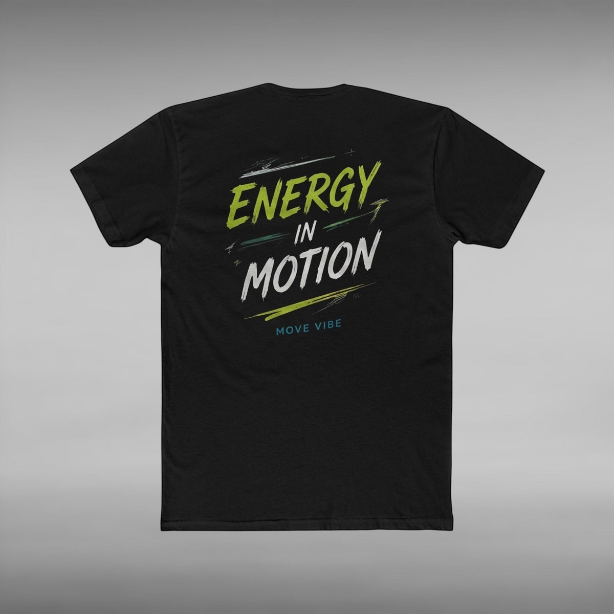 Move Vibe black unisex crew neck cotton t-shirt with Energy in Motion graphic print on the back