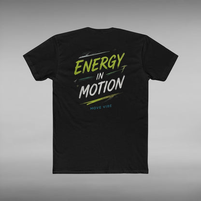 Move Vibe black unisex crew neck cotton t-shirt with Energy in Motion graphic print on the back